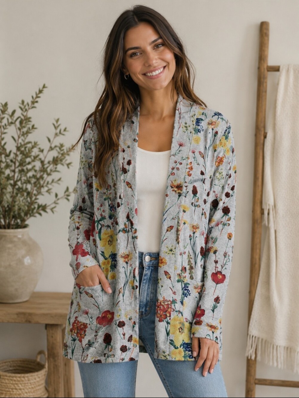 Style & Co Open Front Cardigan XL Floral Print Cottagecore Boho Layering Cozy